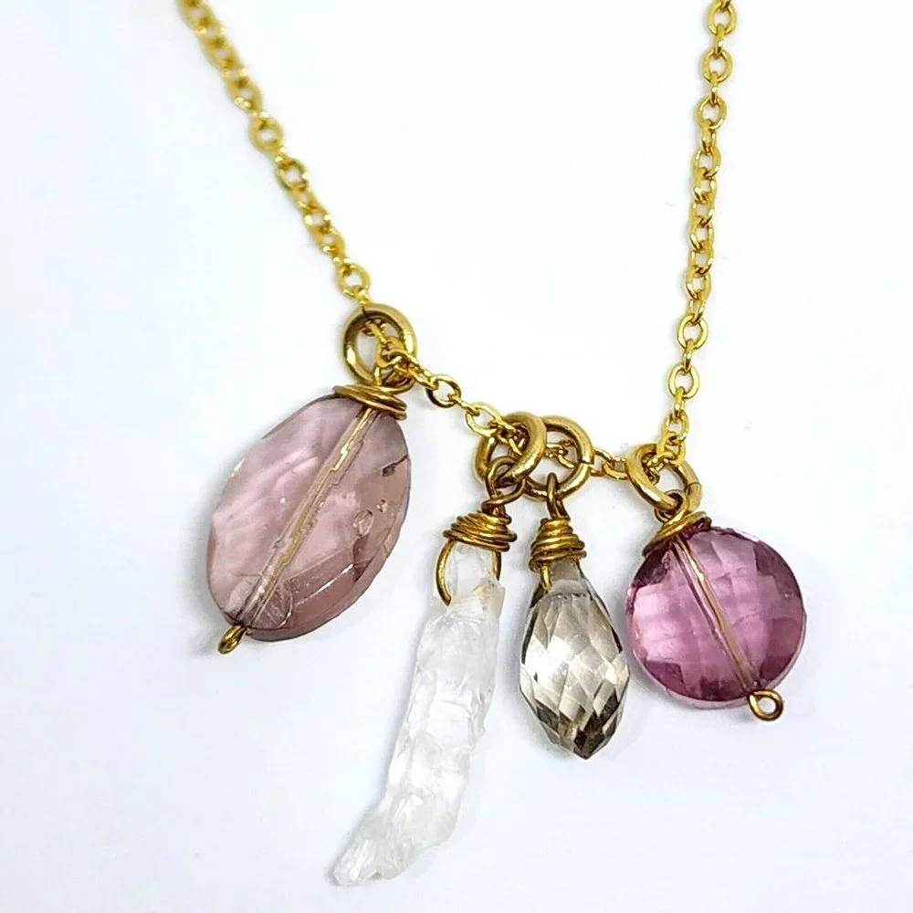 Natural Amethyst, Herkimer and Quartz Pendants 24KGB Gold 18